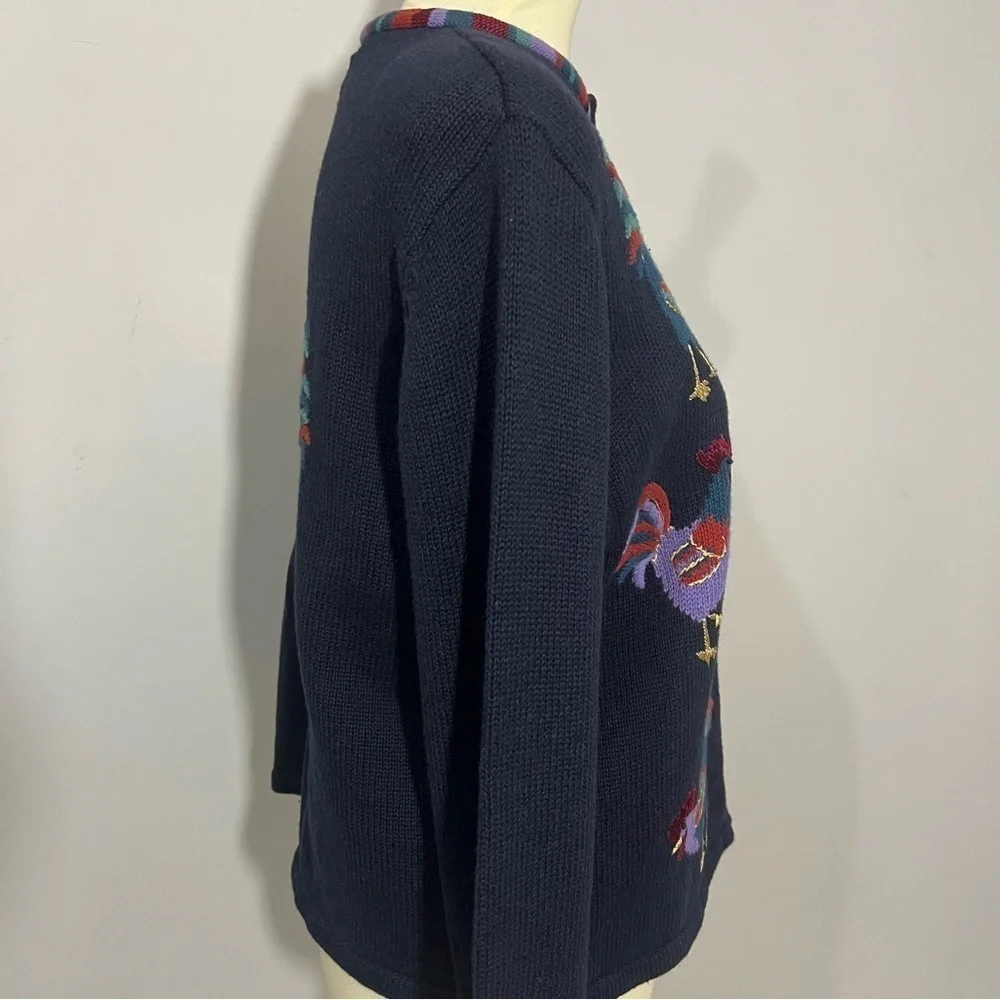 Vintage cotton knit cardigan sweater chickens roosters embroidered country chic - Picture 6 of 11